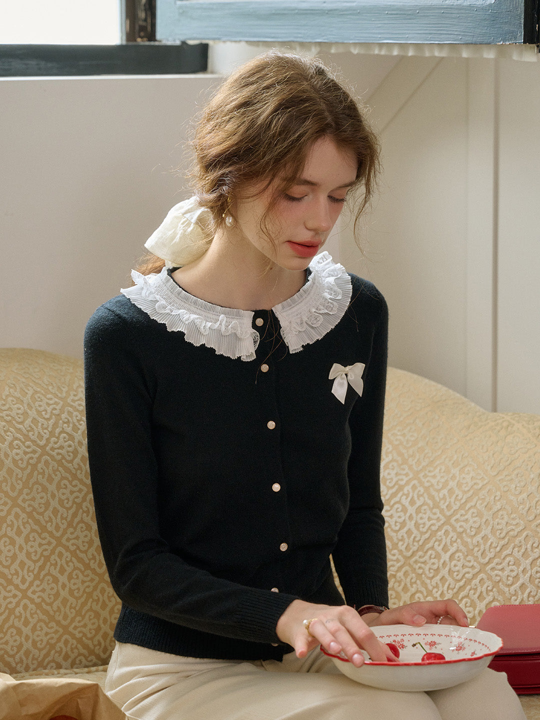 【Final Sale】Ruby Lace Lapel Contrasting Bow Cardigan - Purple
