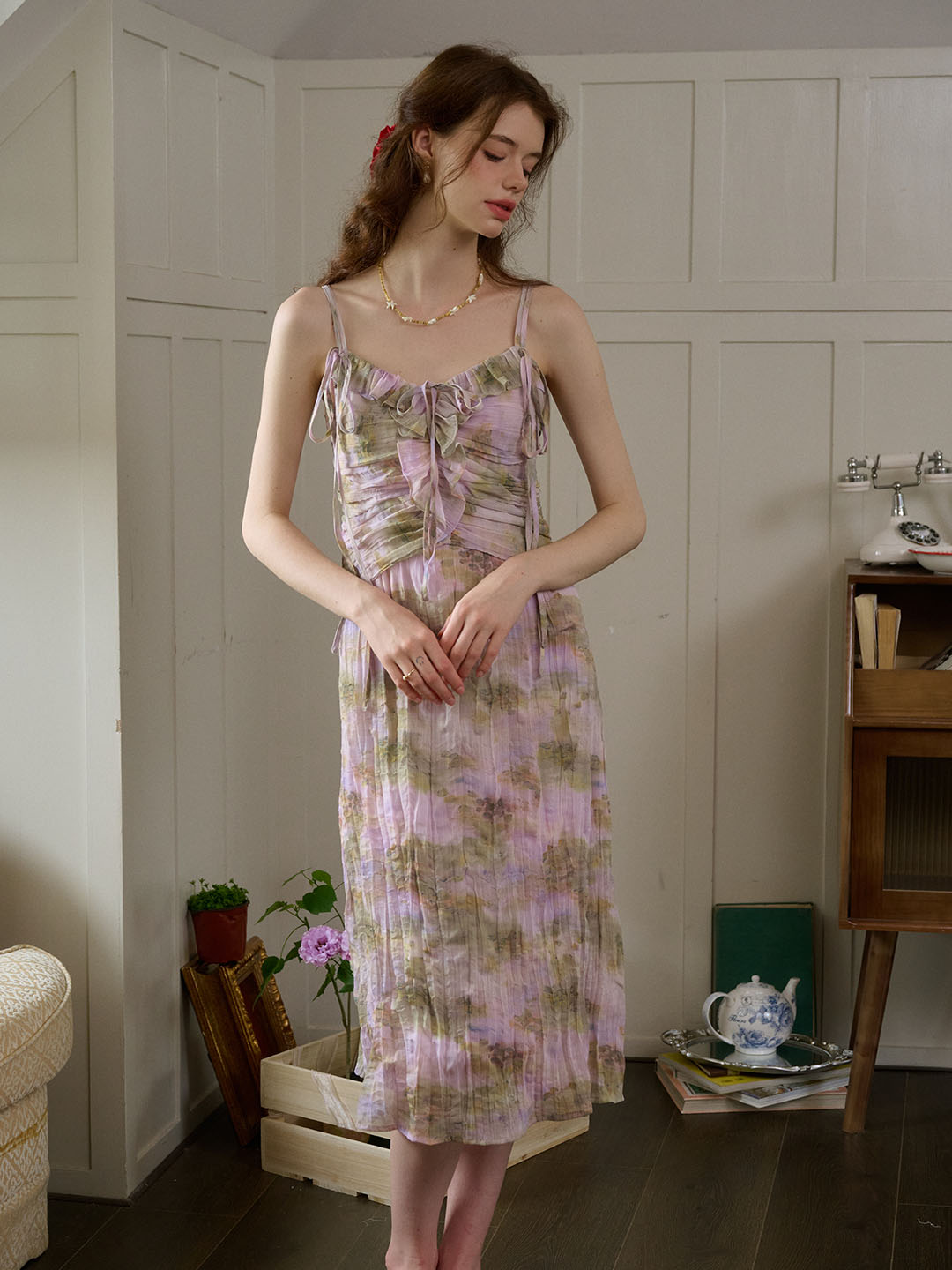 【Final Sale】Makayla Floral Print Tie V-Neck Trim Slip Dress