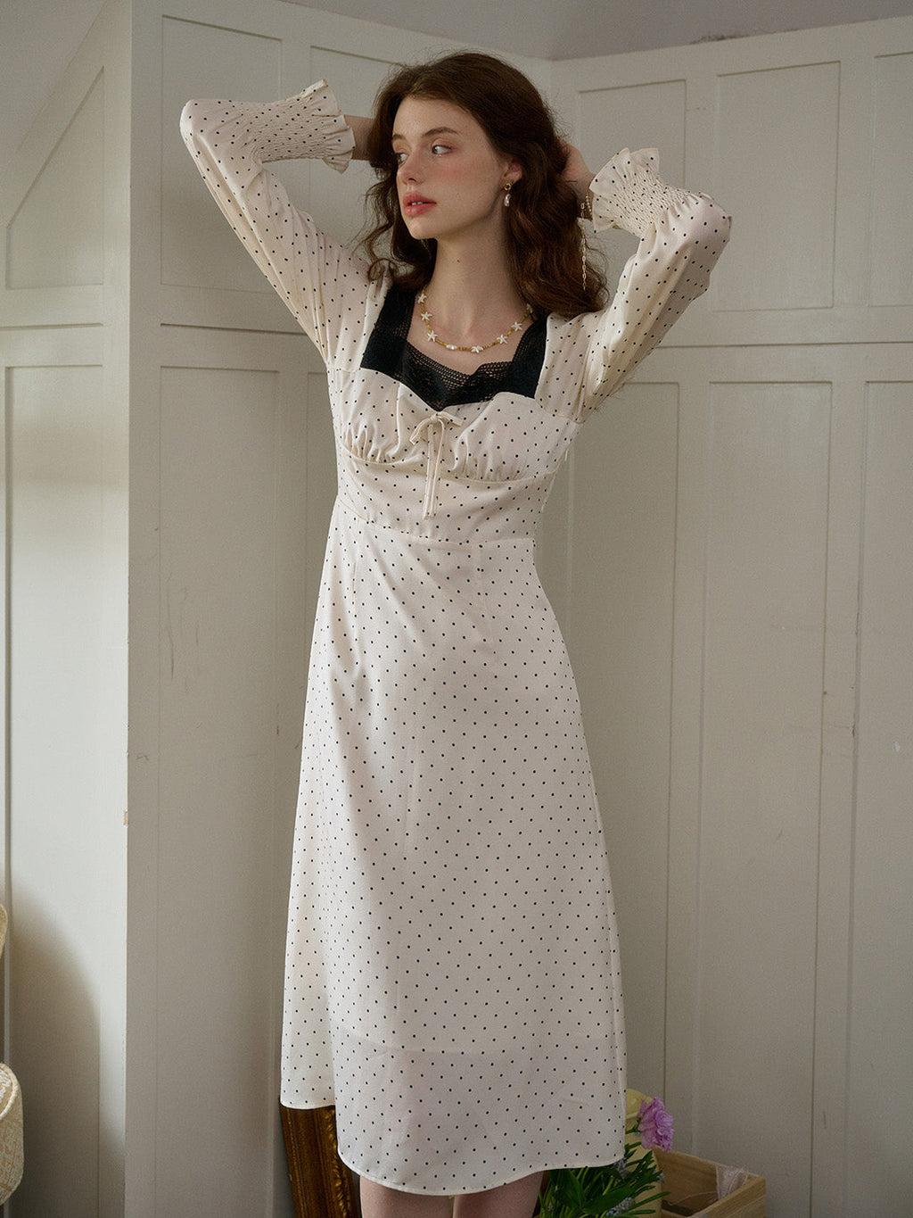 【Final Sale】Mazie Square Collar Polka Dots Contrasting Lace-up Dress