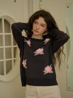 【Final Sale】Sarahi Embroidery Round Neck Hollow 3D Flower Knitted Wool Sweater