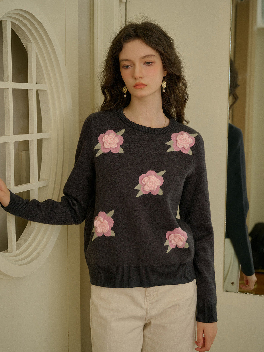 【Final Sale】Sarahi Embroidery Round Neck Hollow 3D Flower Knitted Wool Sweater