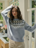 【Final Sale】Natasha Round Neck Embroidery Colour Clash Pullover Sweater