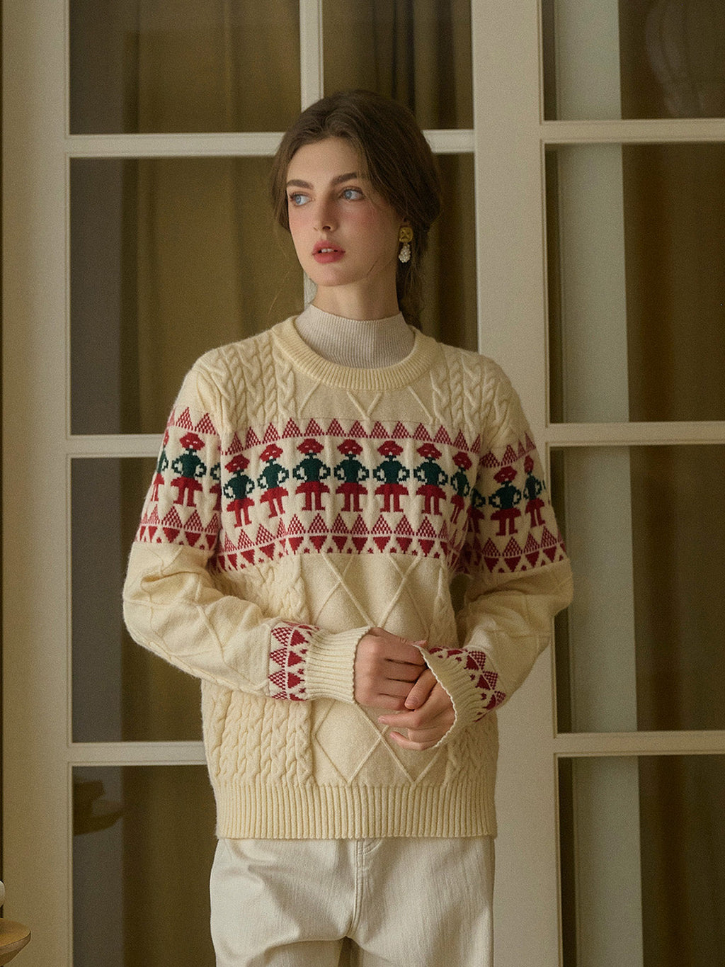 【Final Sale】Alianna Fair Isle Ribbed Round Neck Christmas Pattern Knit Sweater