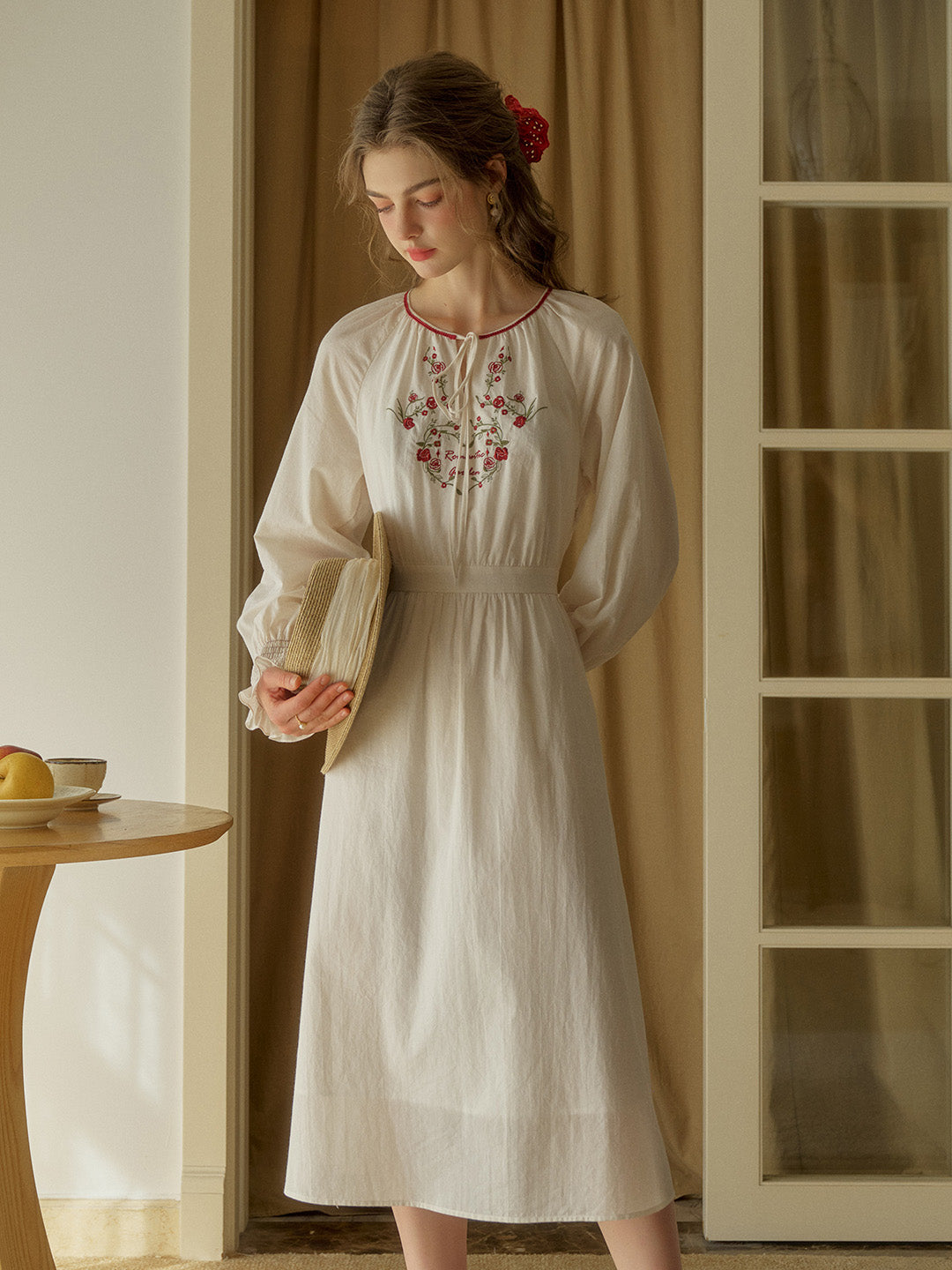 【Final Sale】Zinnia Round Neck Rose Embroidered Dress