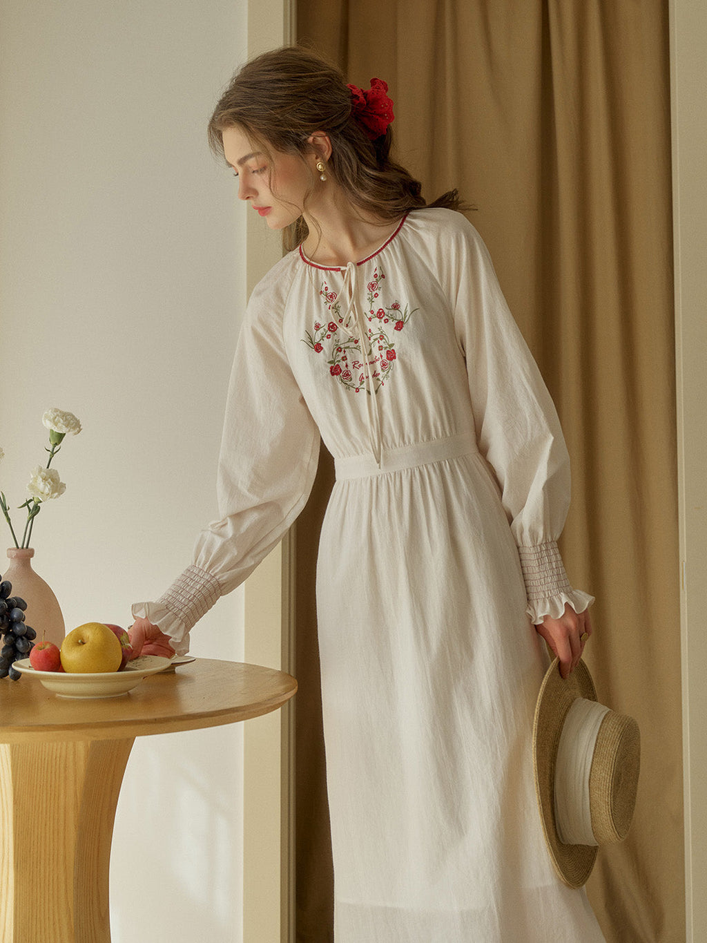 【Final Sale】Zinnia Round Neck Rose Embroidered Dress
