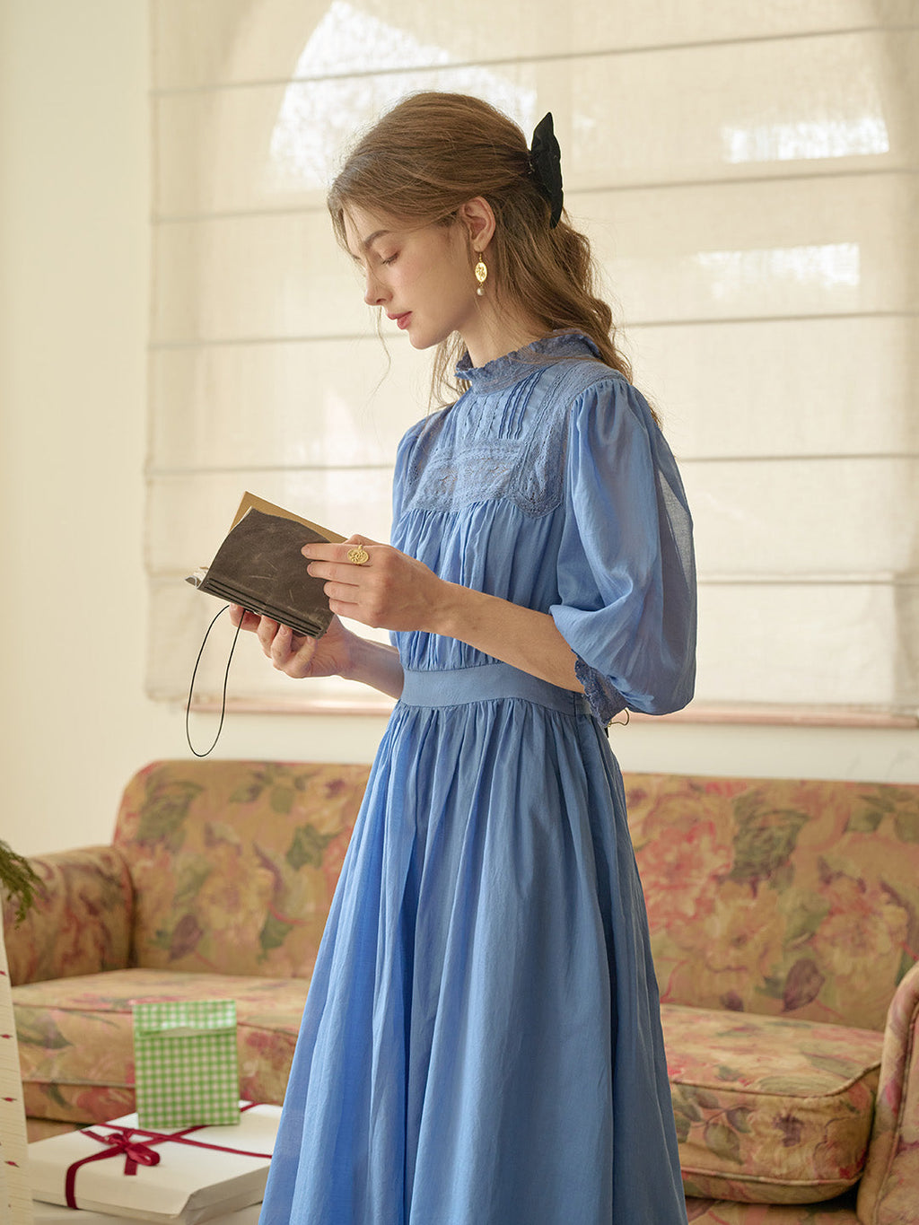 Averie Lace Panel Blue Cotton Dress