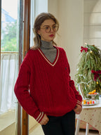 【Final Sale】Reese V-Neck Constraing Ribbed Wool Sweater - Red