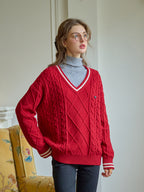【Final Sale】Reese V-Neck Constraing Ribbed Wool Sweater - Red