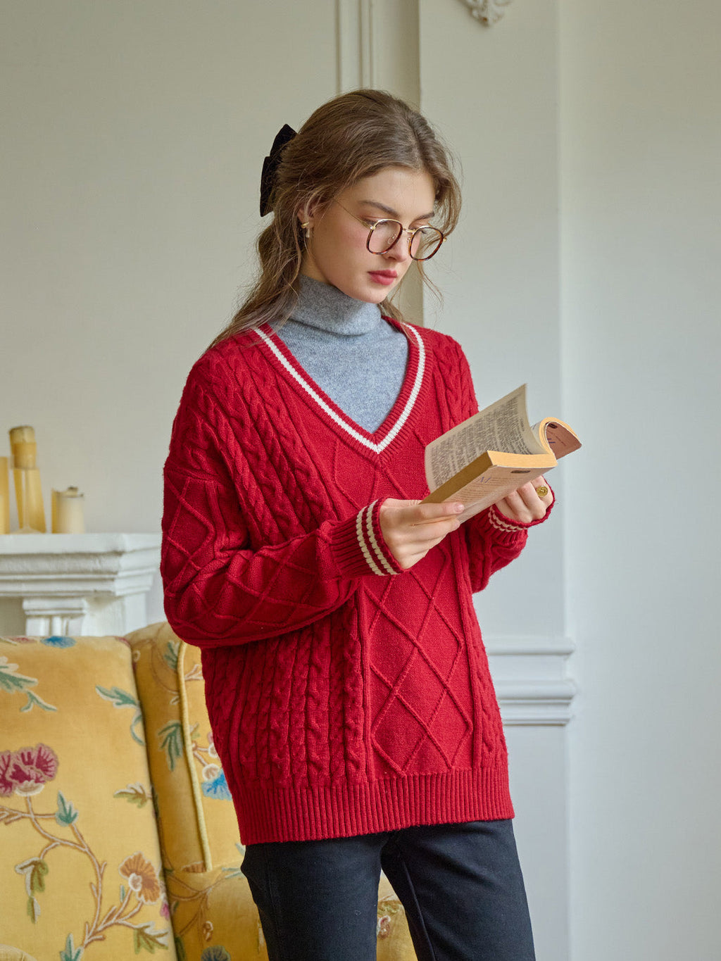 【Final Sale】Reese V-Neck Constraing Ribbed Wool Sweater - Red