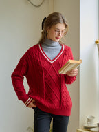 【Final Sale】Reese V-Neck Constraing Ribbed Wool Sweater - Red