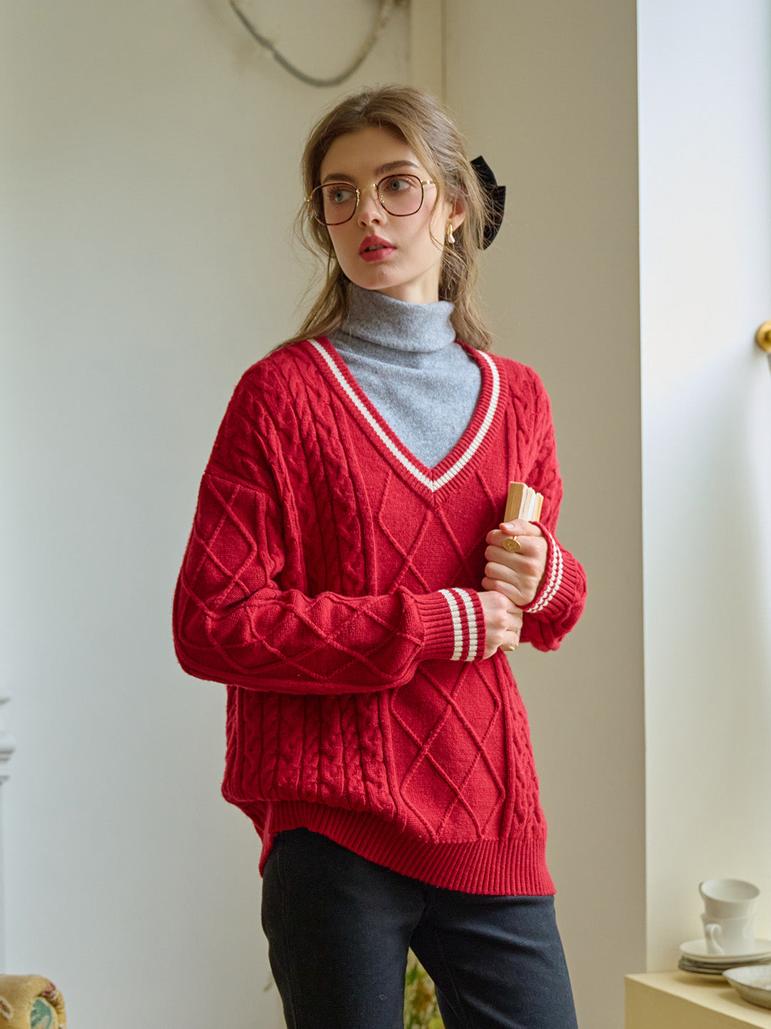 【Final Sale】Reese V-Neck Constraing Ribbed Wool Sweater - Red