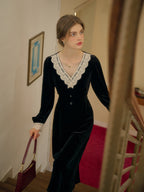 Kristen Elegant V-Neck Contrasting Lace Velvet Dress