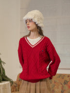 【Final Sale】Reese V-Neck Constraing Ribbed Wool Sweater - Red