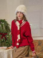 【Final Sale】Reese V-Neck Constraing Ribbed Wool Sweater - Red