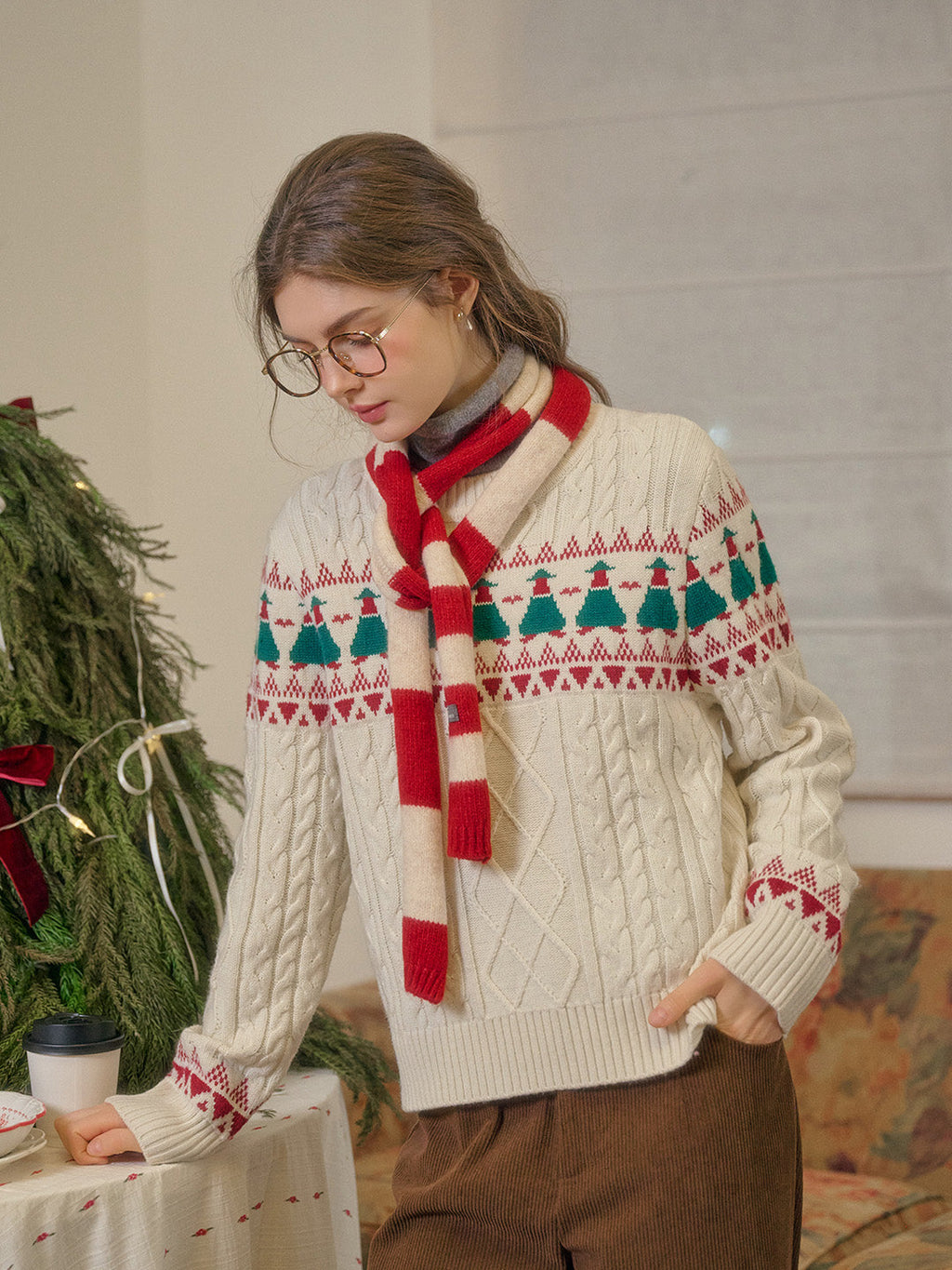【Final Sale】Charlize Fair Isle Ribbed Round Neck Christmas Wool Sweater