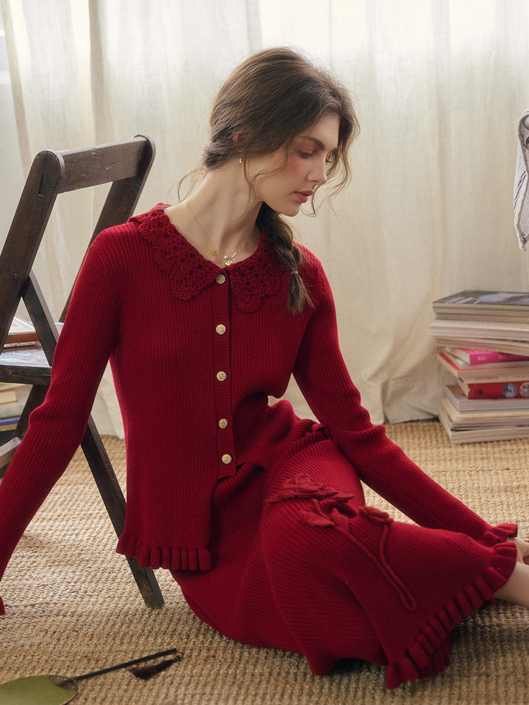 Jocelyn Red Round Neck Knit Wool Cardigan