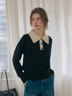 Selena Polo Contrast Collar 100% Wool Black Knit Sweater