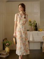 【Final Sale】Louisa Ruffle V-Neck Floral Waist Dress - Apricot