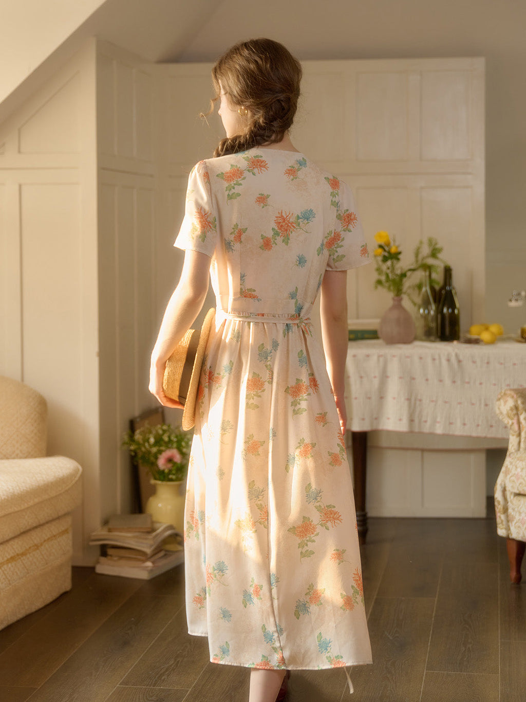 【Final Sale】Louisa Ruffle V-Neck Floral Waist Dress - Apricot