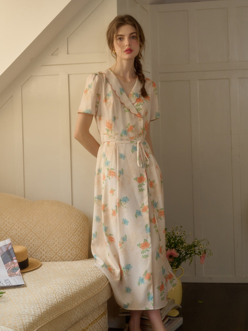 【Final Sale】Louisa Ruffle V-Neck Floral Waist Dress - Apricot