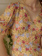 【Final Sale】Xena V-Neck Floral Puff Sleeve Dress - Red