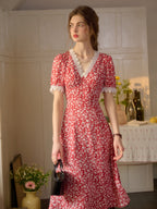 【Final Sale】Amelia V-Neck Lace Floral Dress - Red