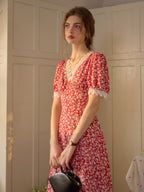 【Final Sale】Amelia V-Neck Lace Floral Dress - Red