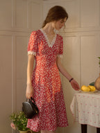 【Final Sale】Amelia V-Neck Lace Floral Dress - Red