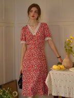 【Final Sale】Amelia V-Neck Lace Floral Dress - Red