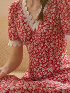 【Final Sale】Amelia V-Neck Lace Floral Dress - Red