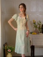 Emma Square Neck Lace Puff Sleeves Dress