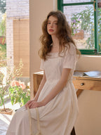 Sia Square Neck Embroidery White Cotton Dress