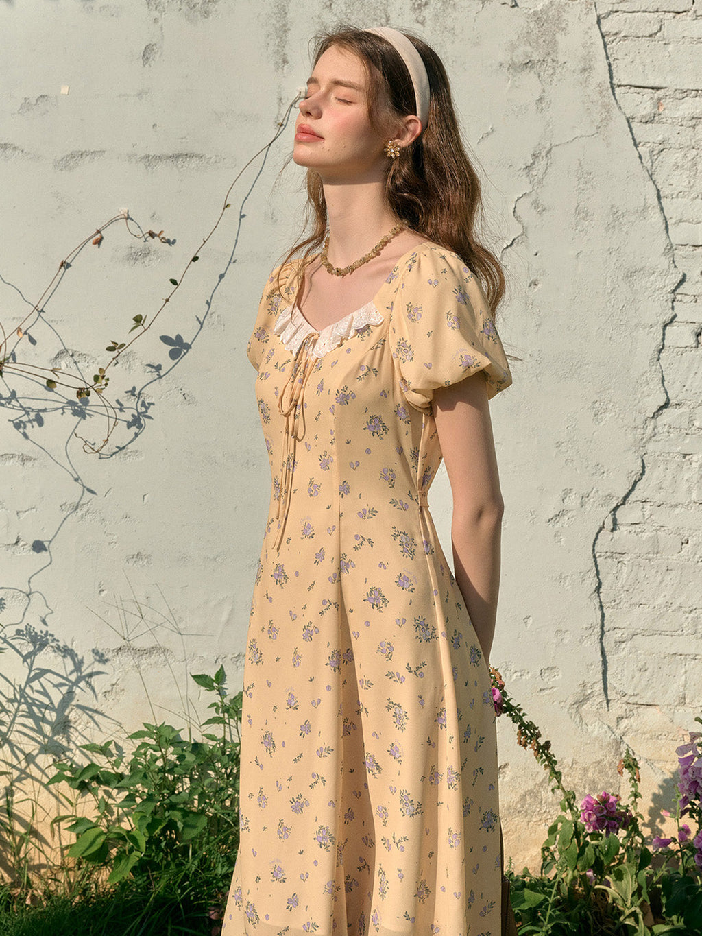 Emma Square Neck Lace Puff Sleeves Dress