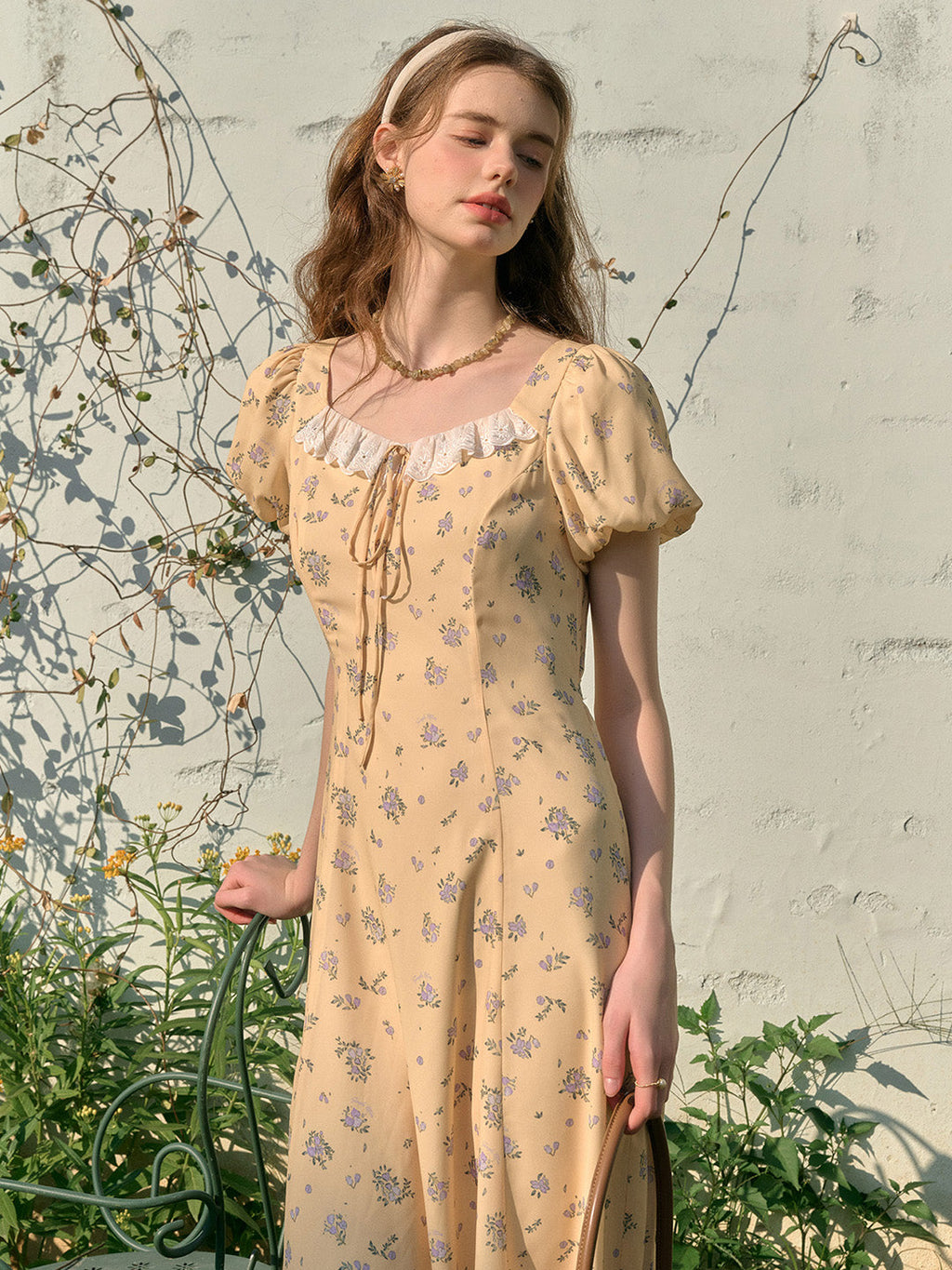 Emma Square Neck Lace Puff Sleeves Dress