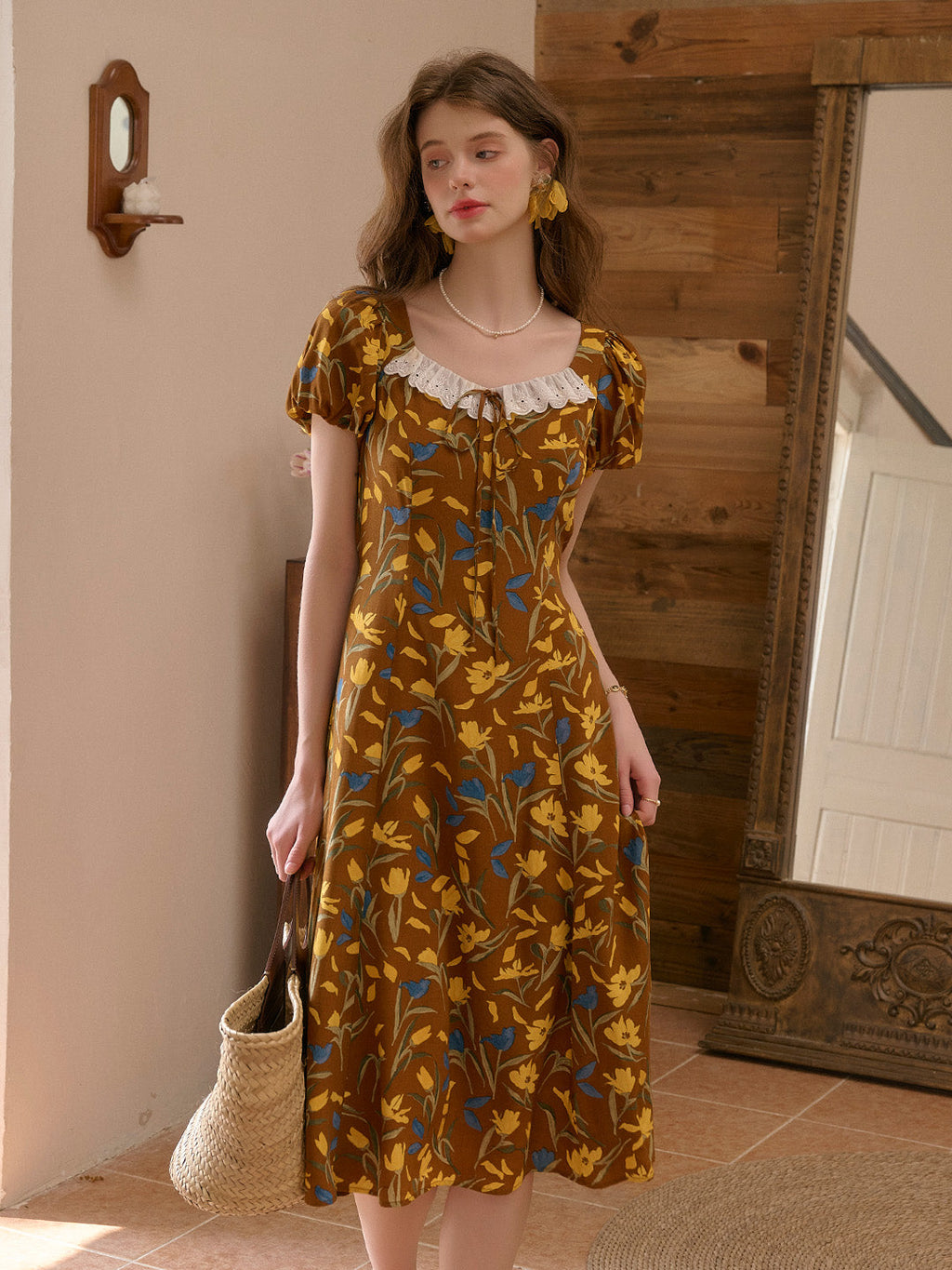 Emma Square Neck Lace Puff Sleeves Dress