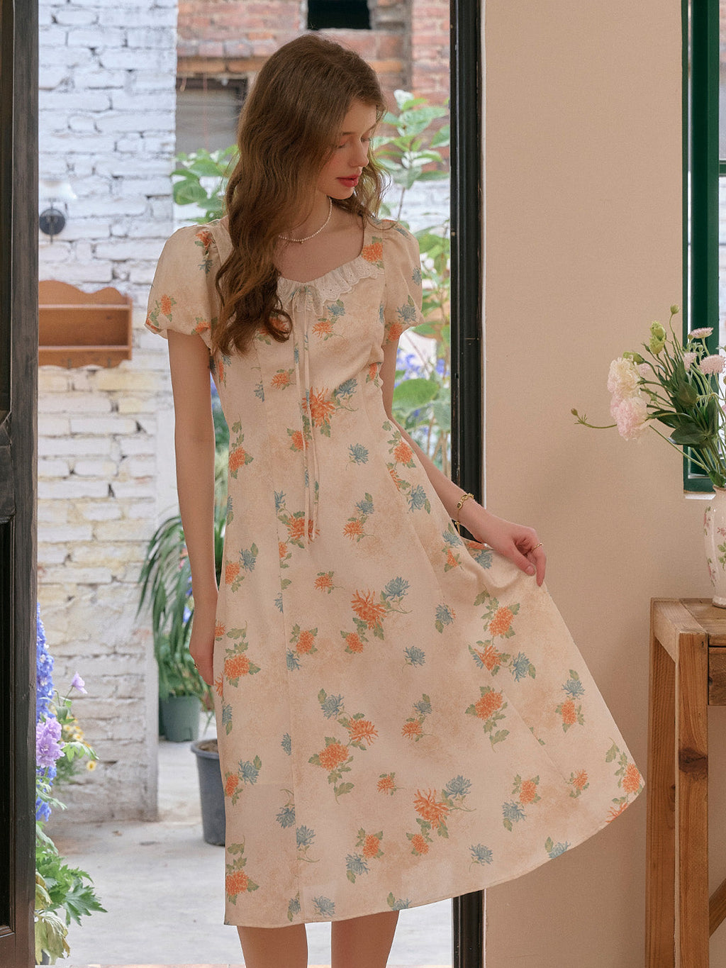 Emma Square Neck Lace Puff Sleeves Dress