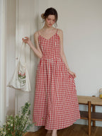 Tinsley Suspender Plaid Dress- Red