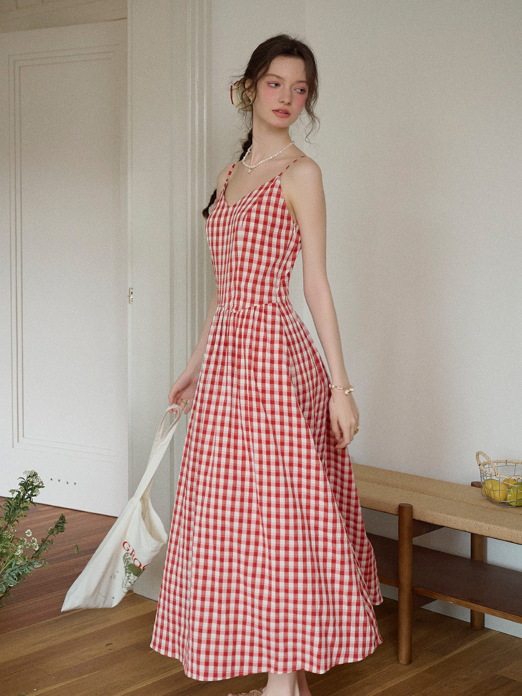Tinsley Suspender Plaid Dress- Red