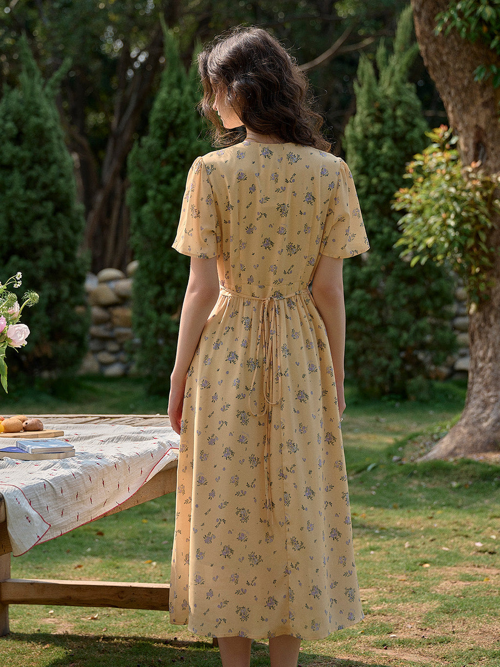 【Final Sale】Louisa Ruffle V-Neck Floral Waist Dress - Apricot