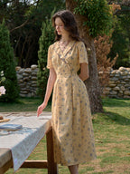 【Final Sale】Louisa Ruffle V-Neck Floral Waist Dress - Apricot