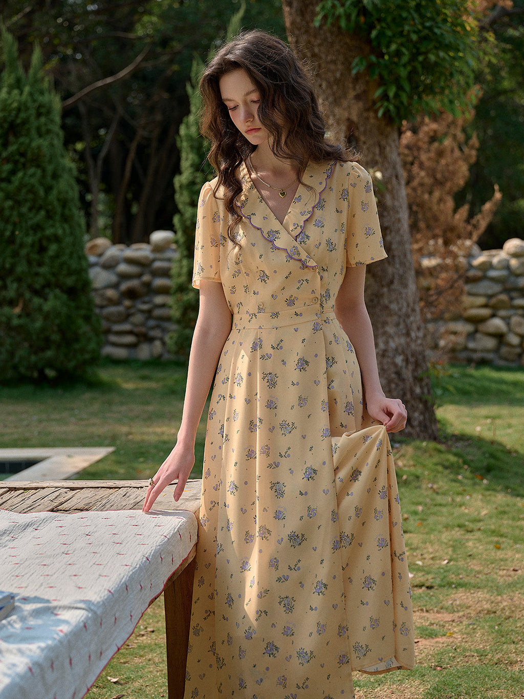 【Final Sale】Louisa Ruffle V-Neck Floral Waist Dress - Apricot