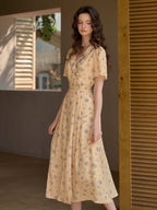 【Final Sale】Louisa Ruffle V-Neck Floral Waist Dress - Apricot