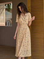【Final Sale】Louisa Ruffle V-Neck Floral Waist Dress - Apricot