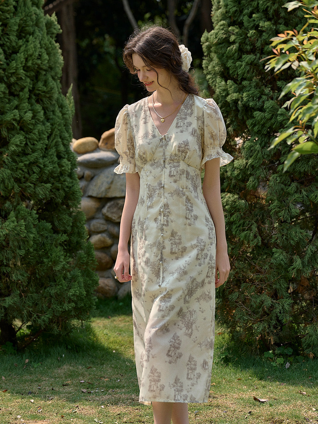 【Final Sale】Xena V-Neck Floral Puff Sleeve Dress - Red