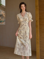 【Final Sale】Xena V-Neck Floral Puff Sleeve Dress - Red