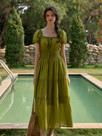 Dakota Round Neck Pleated Puff Sleeves Lyocell Dress