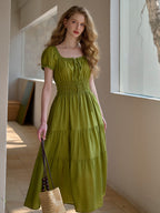 Dakota Round Neck Pleated Puff Sleeves Lyocell Dress