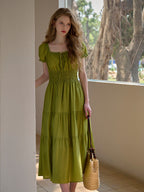 Dakota Round Neck Pleated Puff Sleeves Lyocell Dress