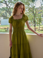 Dakota Round Neck Pleated Puff Sleeves Lyocell Dress