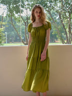 Dakota Round Neck Pleated Puff Sleeves Lyocell Dress